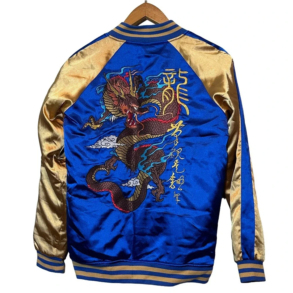 Copper Rivet Blue Gold Dragon Embroidered Souvenir Bomber Jacket Mens Medium